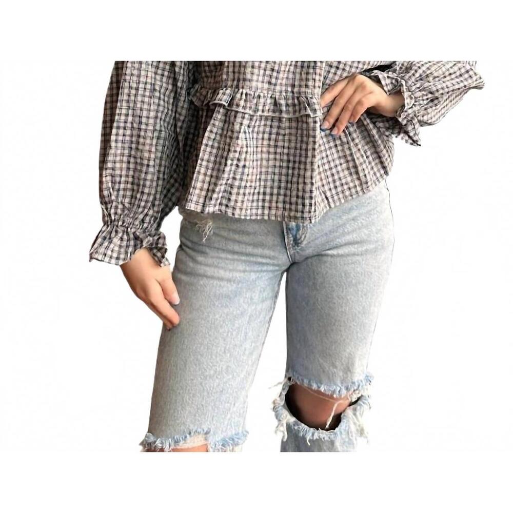 NEW HEM & THREAD carol ruffled plaid print top in grey